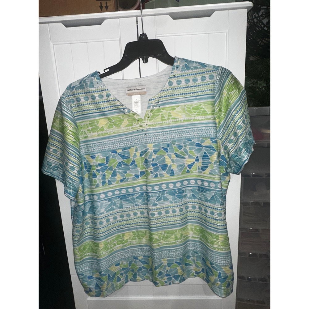 Alfred Dunner Woman 1X Blue Green Geometric Striped Beaded Split Neck Top